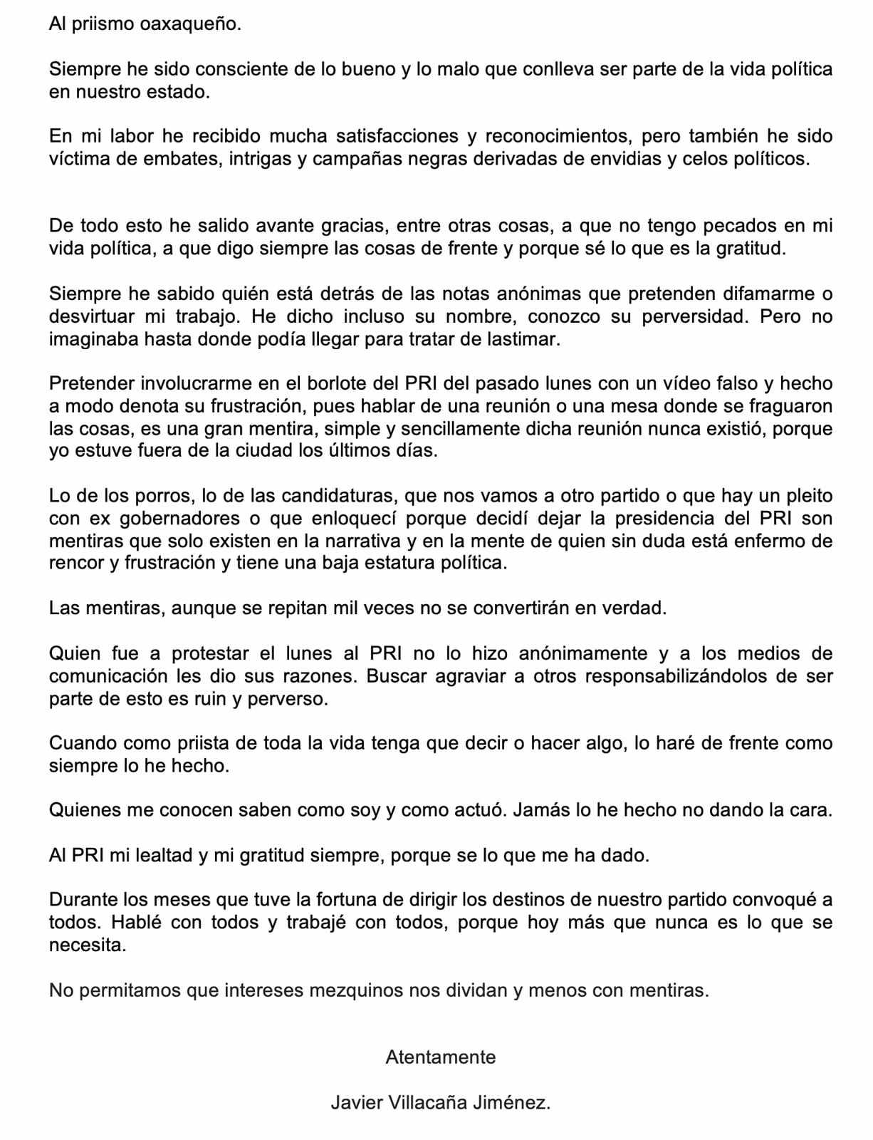 Carta-de-J.V “Quiénes me conocen saben cómo soy y cómo actúo. Jamás lo he hecho no dando la cara”: Javier Villacaña